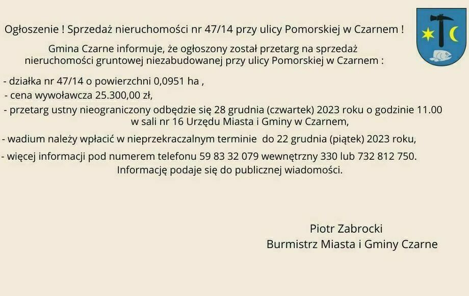 Zdjęcie do Gmina Czarne. Sprzedaż nieruchomości przy ulicy Pomorskiej...