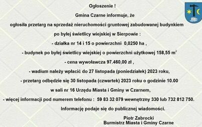Zdjęcie do Przetarg na sprzedaż nieruchomości gruntowej zabudowanej budynkiem  po byłej świetlicy wiejskiej w Sierpowie