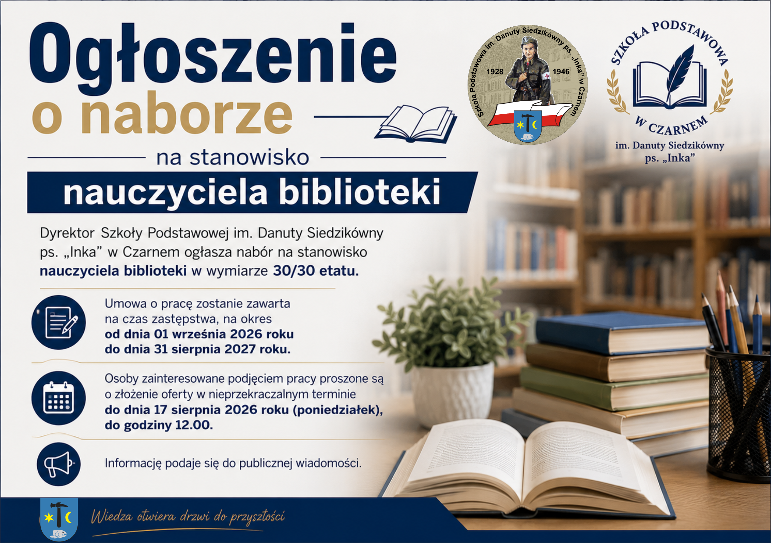 Ogłoszenie o&nbsp;naborze na&nbsp;stanowisko nauczyciela biblioteki