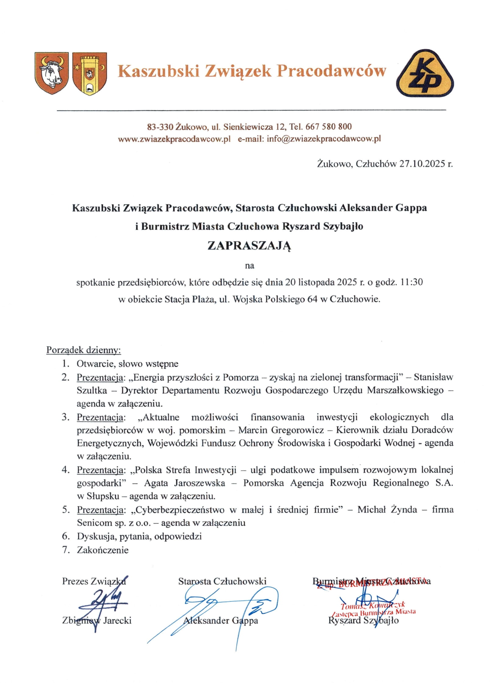 ZAPROSZENIE NA SPOTKANIE PRZEDSIĘBIORCÓW POWIATU CZŁUCHOWSKIEGO