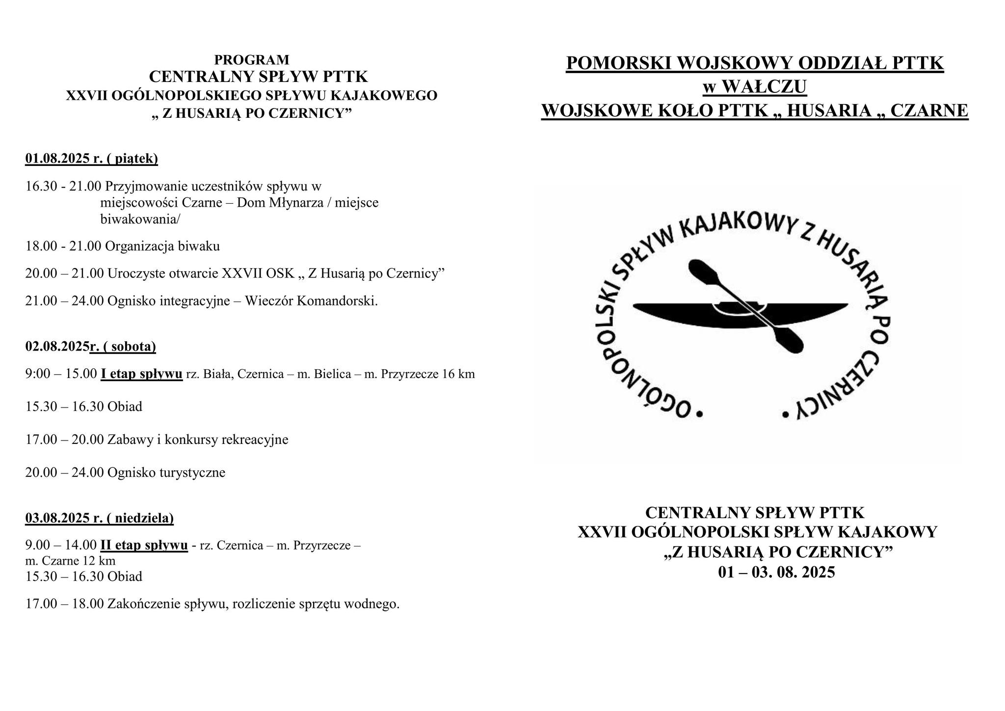 27 Ogólnopolski Spływ Kajakowy - ''Z Husarią po Czernicy''