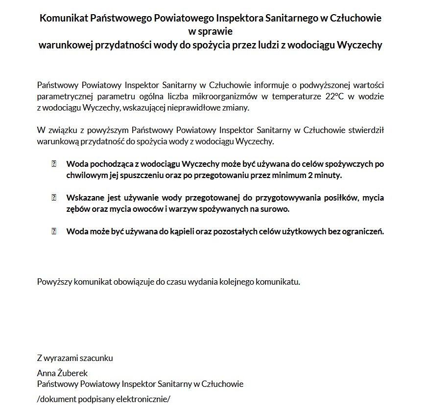 WAŻNY KOMUNIKAT &ndash; WODOCIĄG WYCZECHY  