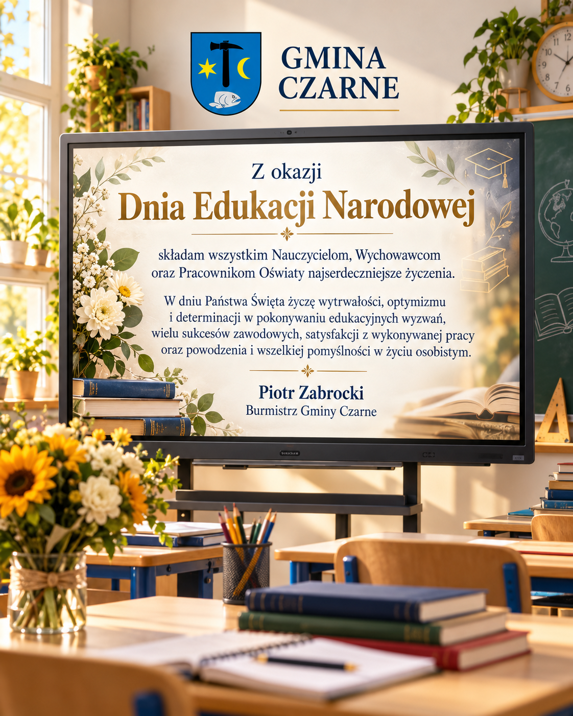 Życzenia Burmistrza Gminy Czarne z&nbsp;okazji Dnia Edukacji Narodowej