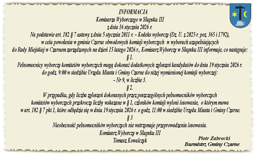 INFORMACJA Komisarza Wyborczego w&nbsp;Słupsku III z&nbsp;dnia 16 stycznia 2026 r.