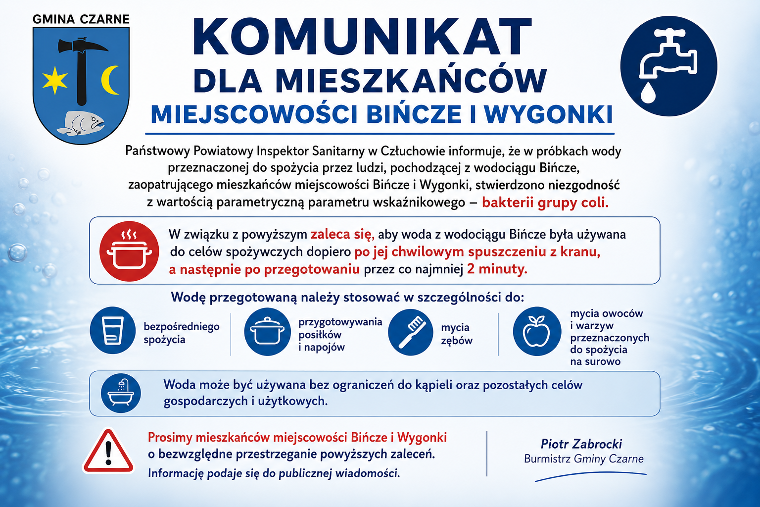 &nbsp;Komunikat dla Mieszkańc&oacute;w miejscowości Bińcze &nbsp;i Wygonki.