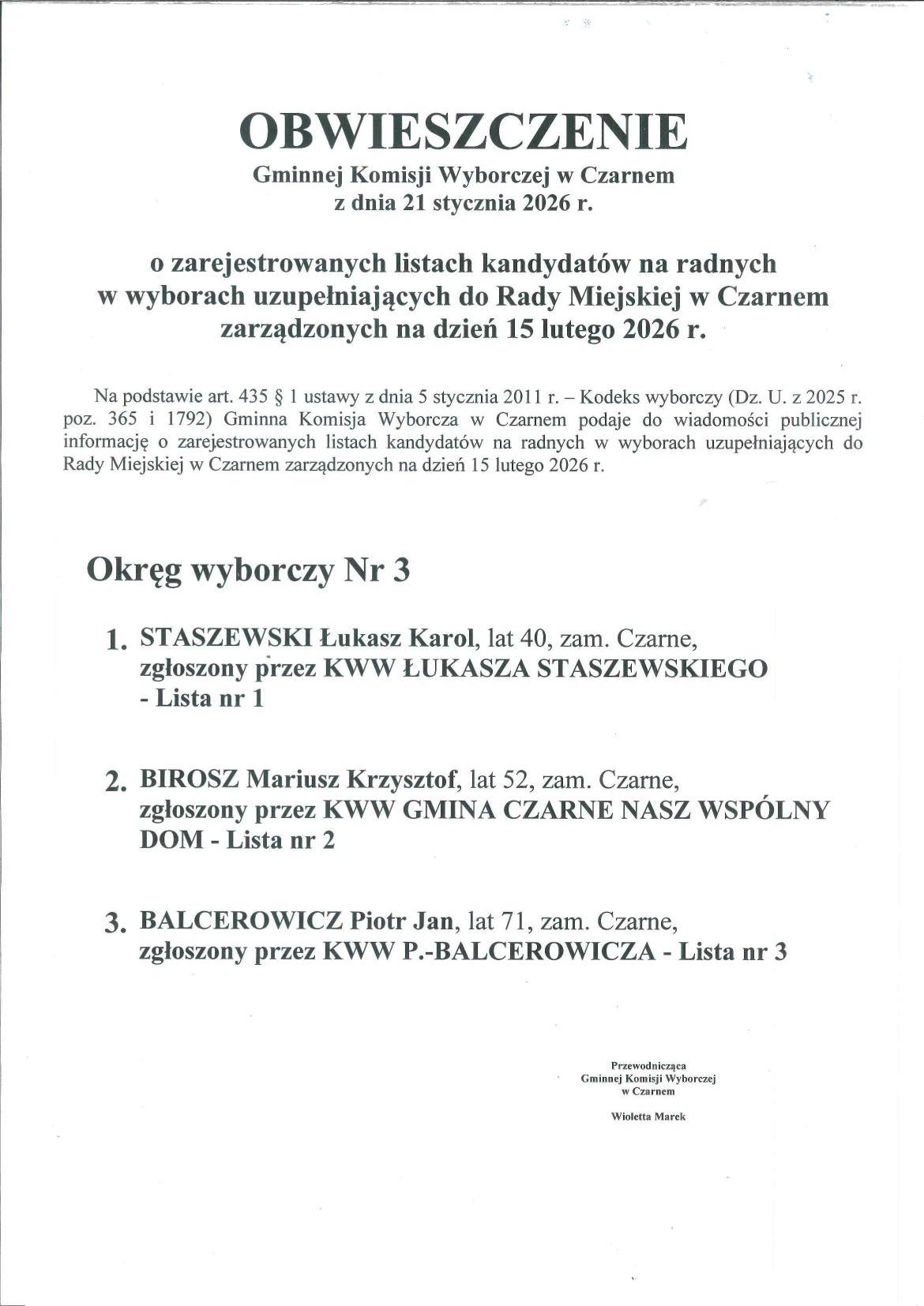 Obwieszczenie Gminnej Komisji Wyborczej w&nbsp;Czarnem.