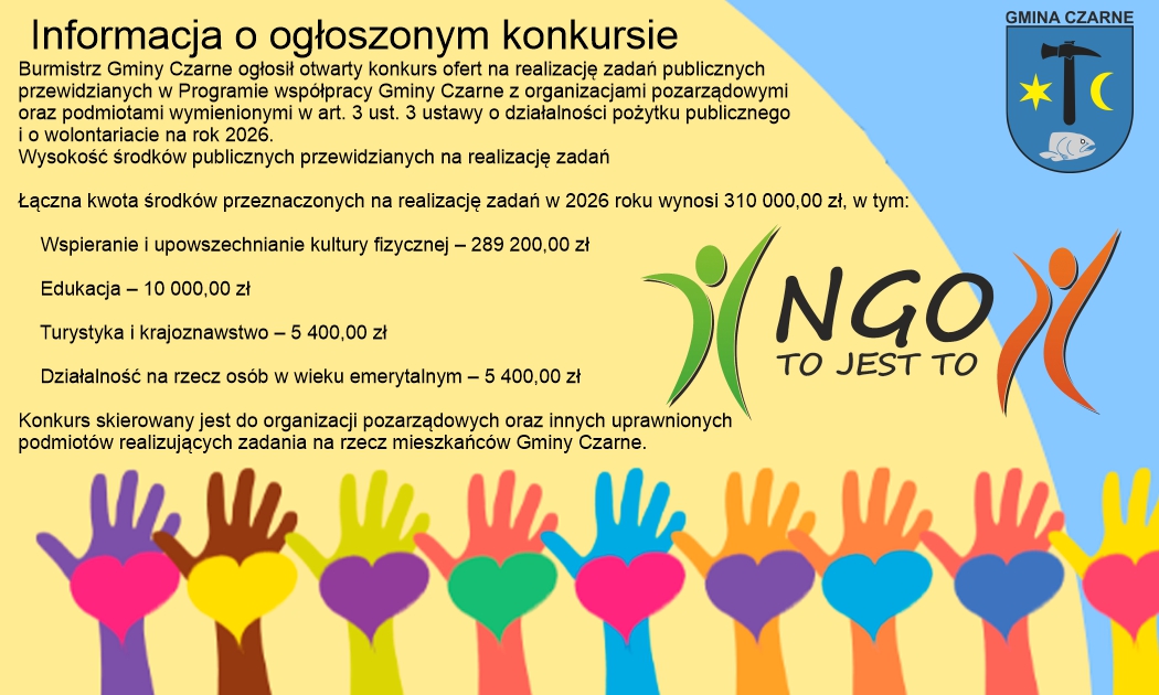 Otwarty konkurs ofert na&nbsp;realizację zadań publicznych przewidzianych w&nbsp;Programie wsp&oacute;łpracy Gminy Czarne z&nbsp;organizacjami pozarządowymi 