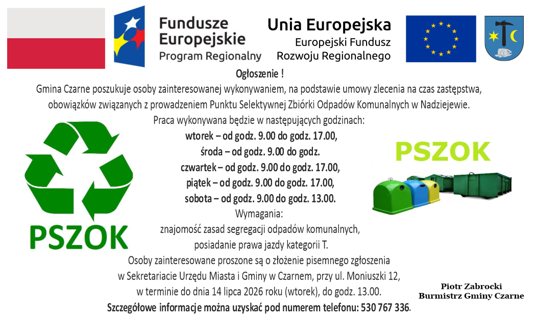 Gmina Czarne zatrudni pracownika na&nbsp;PSZOK w&nbsp;Nadziejewie