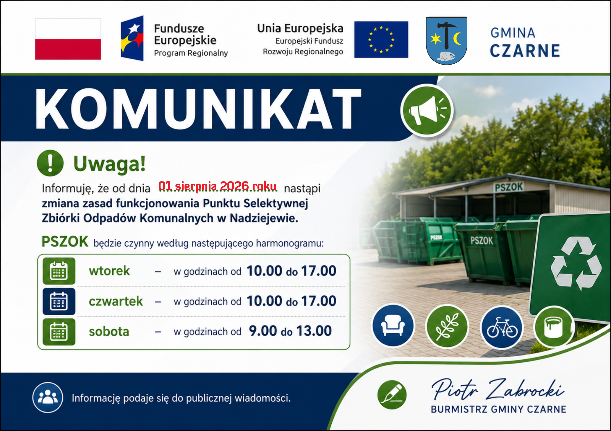 Zmiana zasad funkcjonowania Punktu Selektywnej Zbi&oacute;rki Odpad&oacute;w Komunalnych w&nbsp;Nadziejewie. 