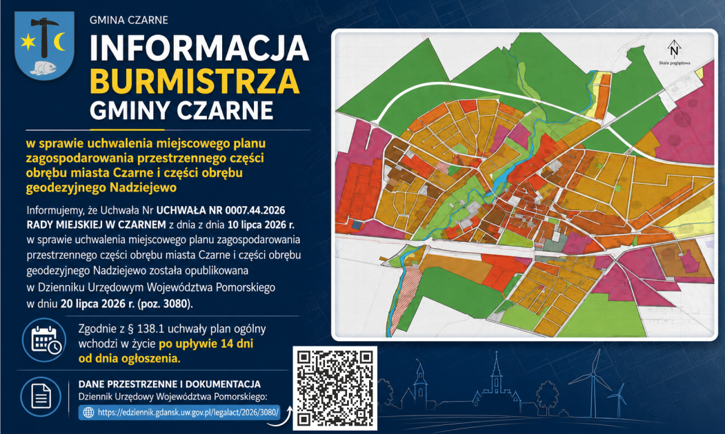 Informacja Burmistrza Gminy Czarne  w&nbsp;sprawie uchwalenia miejscowego planu zagospodarowania przestrzennego części obrębu miasta Czarne i&nbsp;części obrębu geodezyjnego Nadziejewo 