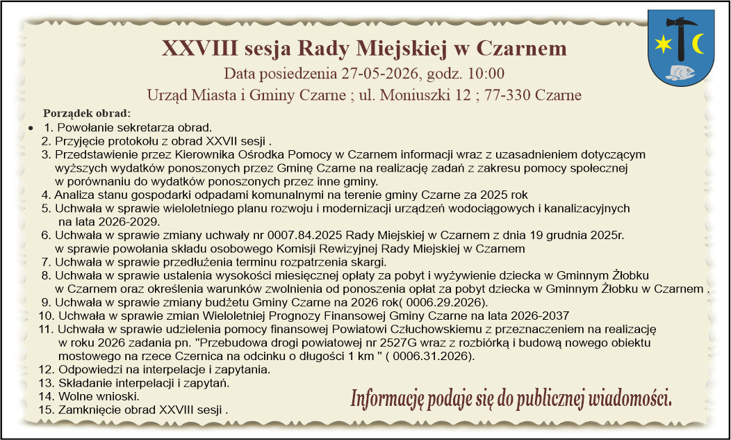 XXVIII sesja Rady Miejskiej w&nbsp;Czarnem.