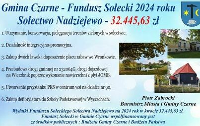 Zdjęcie do Gmina Czarne - Fundusz Sołecki 2024 roku Sołectwo Nadziejewo - 32.445,63 zł   
