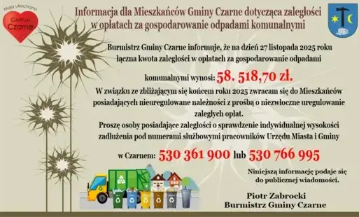   Informacja dla Mieszkańców Gminy Czarne dotycząca zaległości w opłatach za gospodarowanie odpadami komunalnymi.