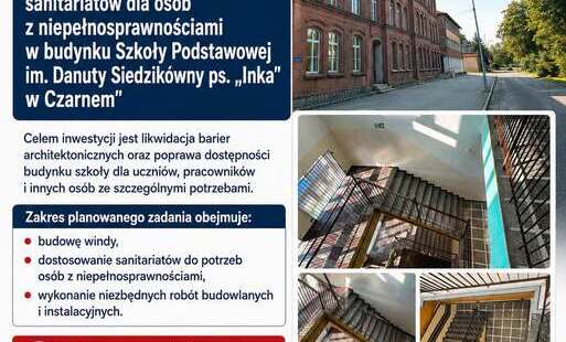 Budowa windy i przystosowanie sanitariatów dla osób z niepełnosprawnościami w budynku Szkoły Podstawowej im. Danuty Siedzikówny ps. „Inka” w Czarnem