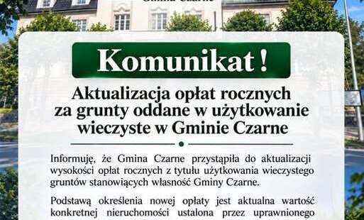 Komunikat ! Aktualizacja opłat za grunty oddane w użytkowanie wieczyste w Gminie Czarne