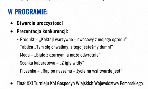 Zdjęcie do XXI Turniej K&oacute;ł Gospodyń Wiejskich Wojew&oacute;dztwa Pomorskiego 24 października  2026 roku o godzinie 10.00 w Czarnem.Sponsorzy
